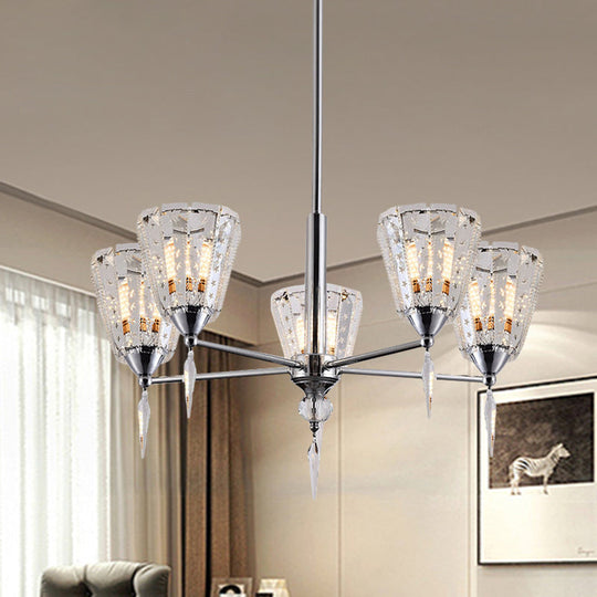 Clear Crystal Cone Shade Chandelier With Straight Metal Arms In Chrome