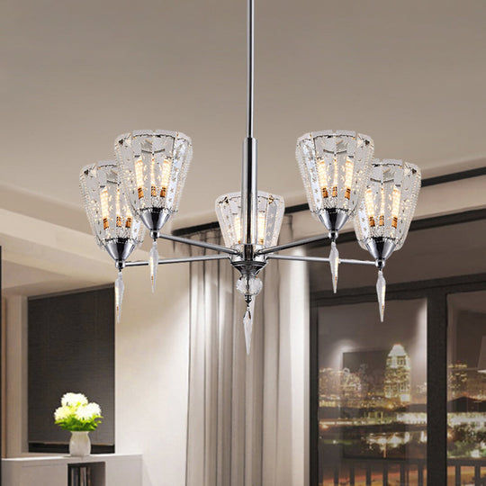 Clear Crystal Cone Shade Chandelier With Straight Metal Arms In Chrome