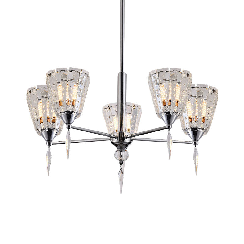 Clear Crystal Cone Shade Chandelier With Straight Metal Arms In Chrome 5 /