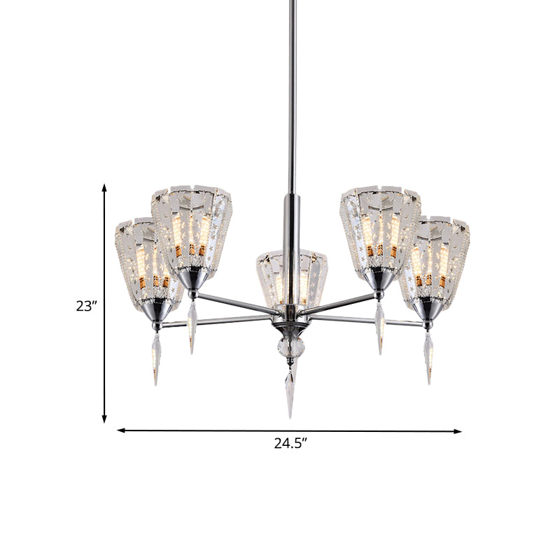 Clear Crystal Cone Shade Chandelier With Straight Metal Arms In Chrome