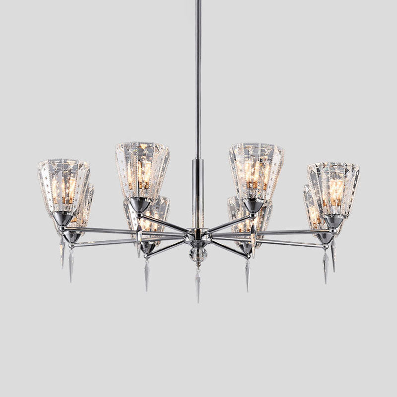 Clear Crystal Cone Shade Chandelier With Straight Metal Arms In Chrome