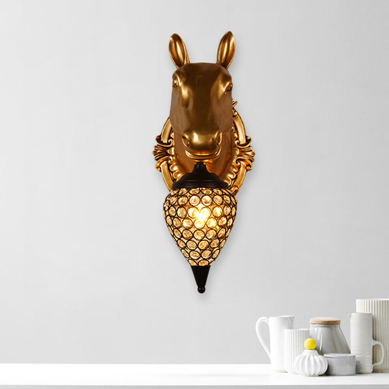 Black Crystal Metal Animal Wall Sconce With Hollow Cone Shade