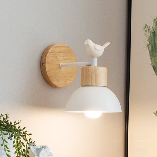 Nordic Style Bird Wall Sconce Light For Kids Bedroom Metal & Wood Design White