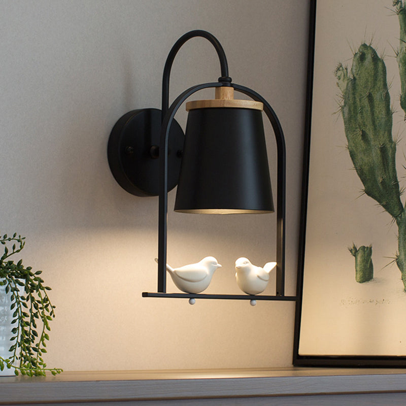 Nordic Trapezoid Metal Wall Sconce Light With Bird Accent - Perfect For Restaurants Black