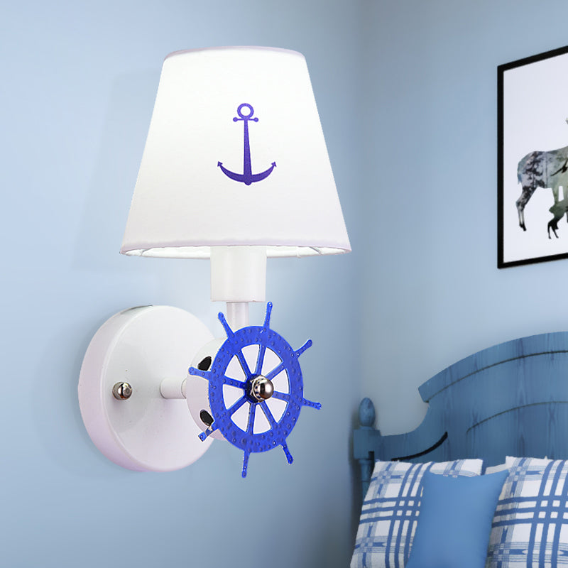 White Nautical Fabric Sconce Wall Light With Tapered Shade For Study Room