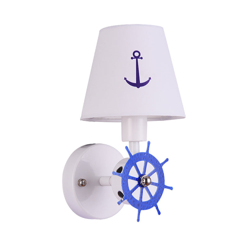 White Nautical Fabric Sconce Wall Light With Tapered Shade For Study Room