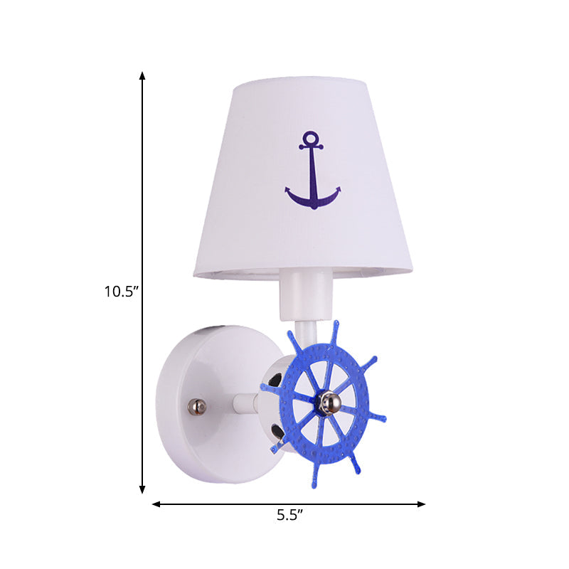 White Nautical Fabric Sconce Wall Light With Tapered Shade For Study Room