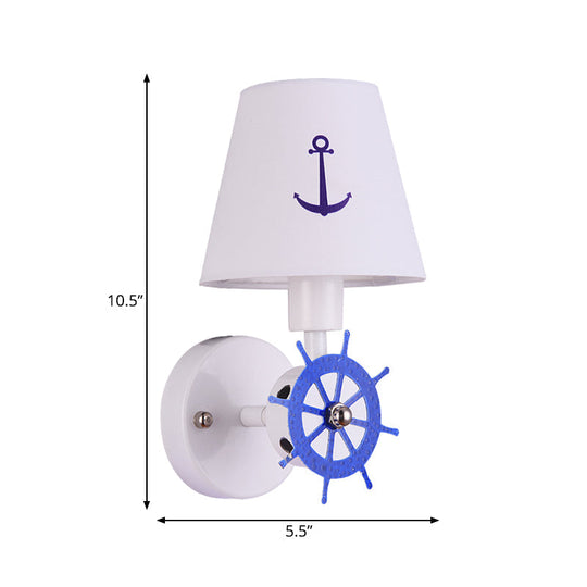 White Nautical Fabric Sconce Wall Light With Tapered Shade For Study Room