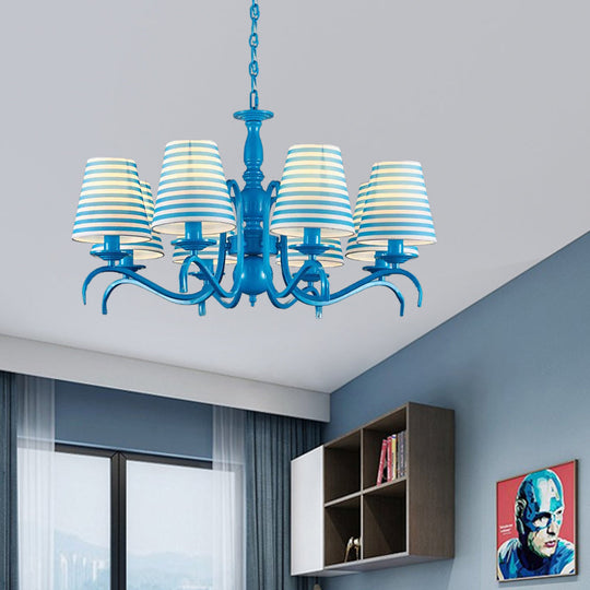 Nautical Suspension Chandelier - Tapered Metal Shade 10 Blue Heads Living Room Light