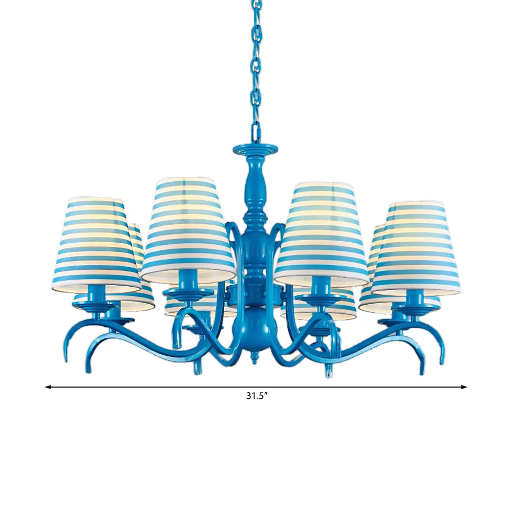 Nautical Suspension Chandelier - Tapered Metal Shade 10 Blue Heads Living Room Light