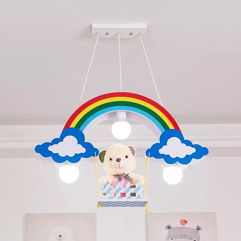 Child Bedroom Wood Rainbow Chandelier - Multi-Color Pendant Light With Toy Bear 3 Lights