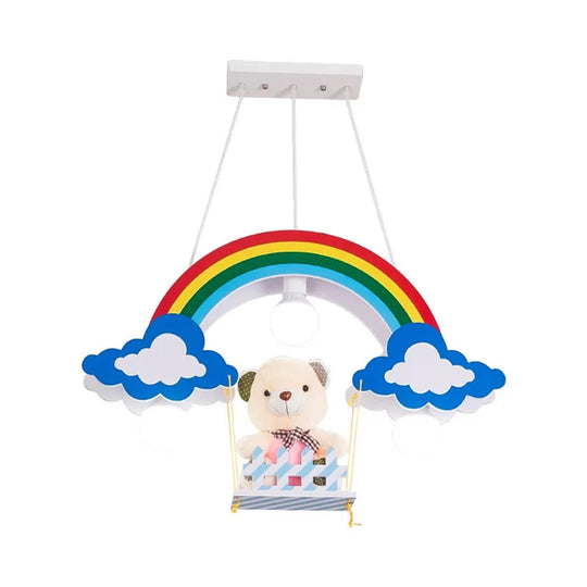 Child Bedroom Wood Rainbow Chandelier - Multi-Color Pendant Light With Toy Bear 3 Lights