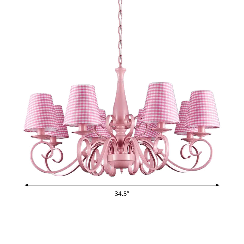 8-Head Tapered Shade Chandelier With Pink Metal Pendant For Hotel & Restaurant