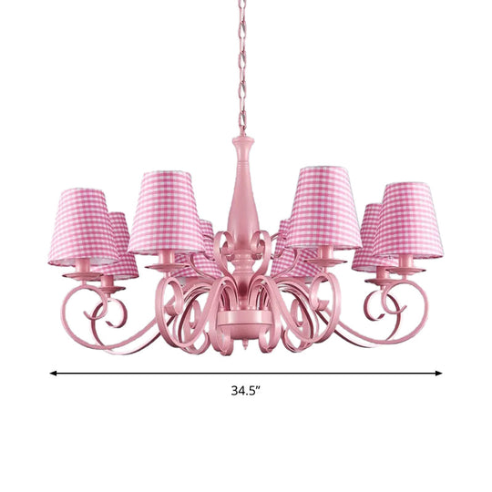 8-Head Tapered Shade Chandelier With Pink Metal Pendant For Hotel & Restaurant