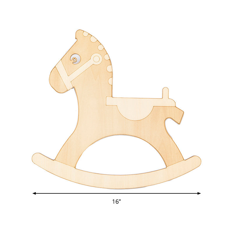 Rocking Horse Sconce: Kids Led Wall Lamp Beige Wooden Creative Light For Living Room