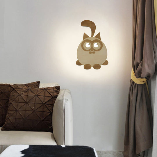 Cute Wooden Led Wall Light For Kids Bedroom - Circular Kitten Sconce Animal Lighting