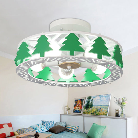 Cartoon Metal Ceiling Lamp - Green Pine Tree Semi Ceiling Mount Light (5 Heads) - Ideal for Hotels