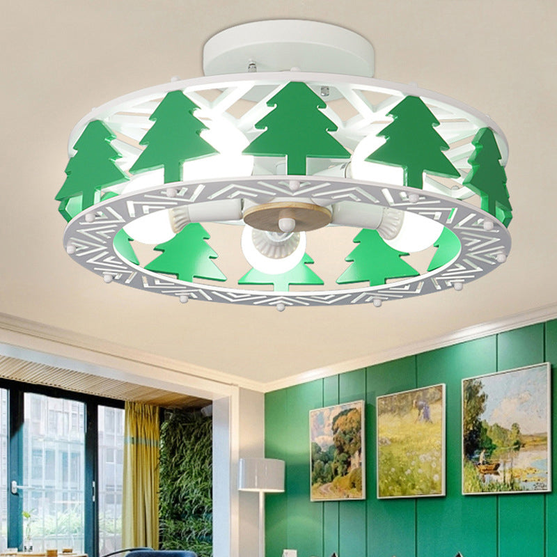 Cartoon Metal Ceiling Lamp - Green Pine Tree Semi Ceiling Mount Light (5 Heads) - Ideal for Hotels