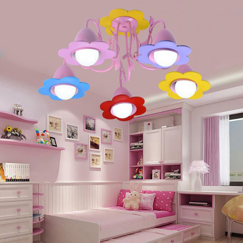 Metal Multi-Colored Pendant Light - Lovely Flower Chandelier for Kindergarten, Five Lights