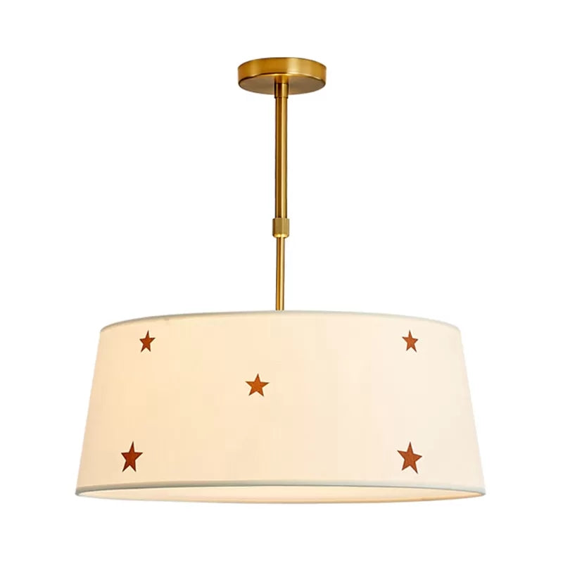 Simple Style White Fabric Drum Chandelier - Adult Bedroom Pendant Light With Star Design