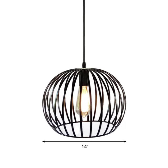 Industrial Metal Pendant Light in Satin Black - 12"/14" Wide Globe Cage, 1 Bulb, Perfect for Living Room