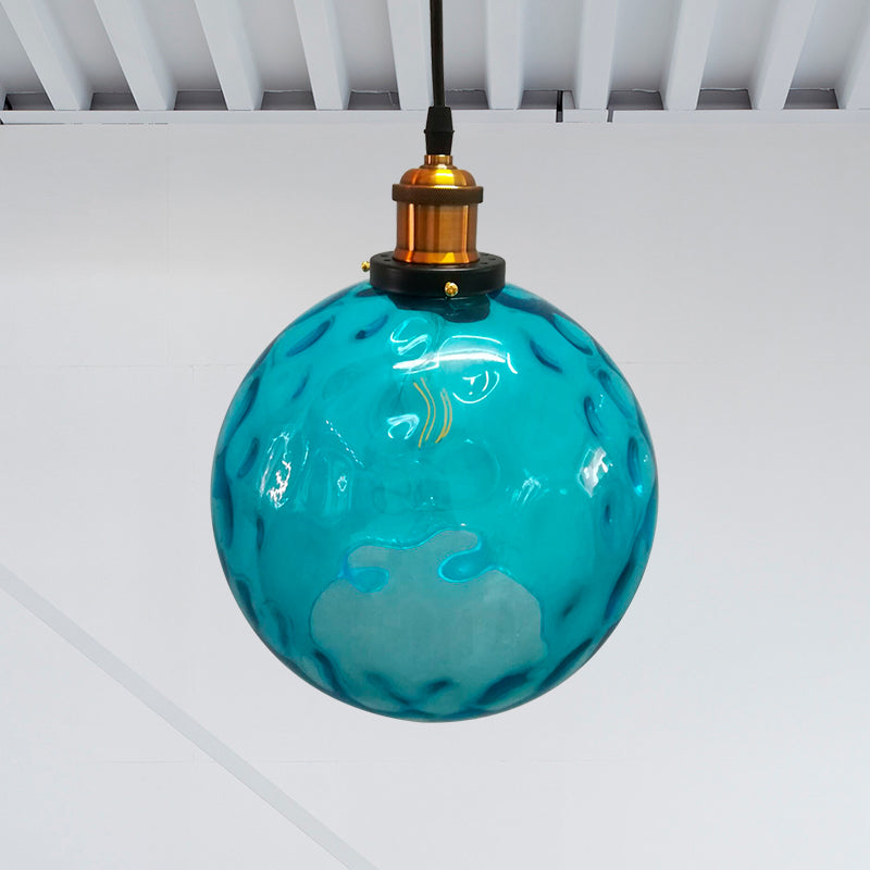 Industrial Globe Pendant Light - Blue Dimpled Glass Hanging Lamp (8"/10"/12" Wide)