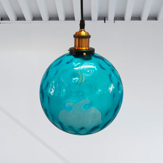 Industrial Globe Pendant Light - Blue Dimpled Glass Hanging Lamp (8"/10"/12" Wide)