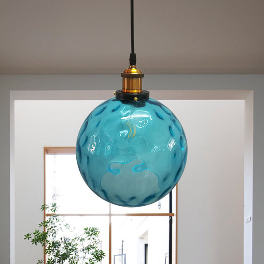 Industrial Globe Pendant Light - Blue Dimpled Glass Hanging Lamp (8"/10"/12" Wide)