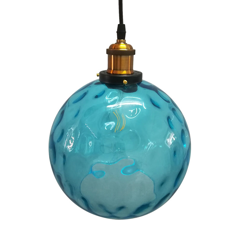 Industrial Globe Pendant Light - Blue Dimpled Glass Hanging Lamp (8"/10"/12" Wide)