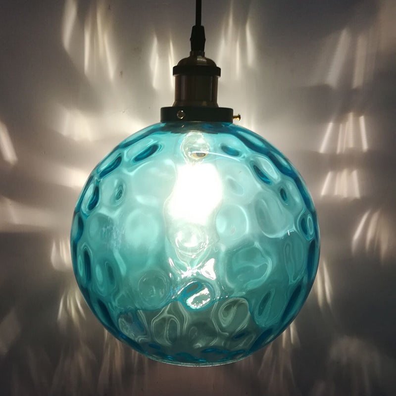 Industrial Globe Pendant Light - Blue Dimpled Glass Hanging Lamp (8"/10"/12" Wide)