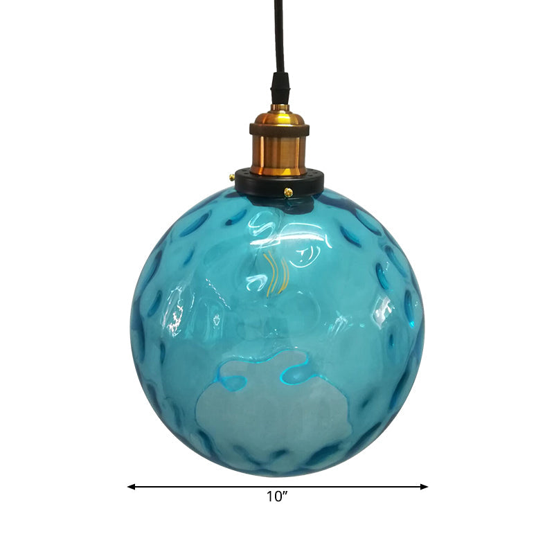 Industrial Globe Pendant Light - Blue Dimpled Glass Hanging Lamp (8"/10"/12" Wide)