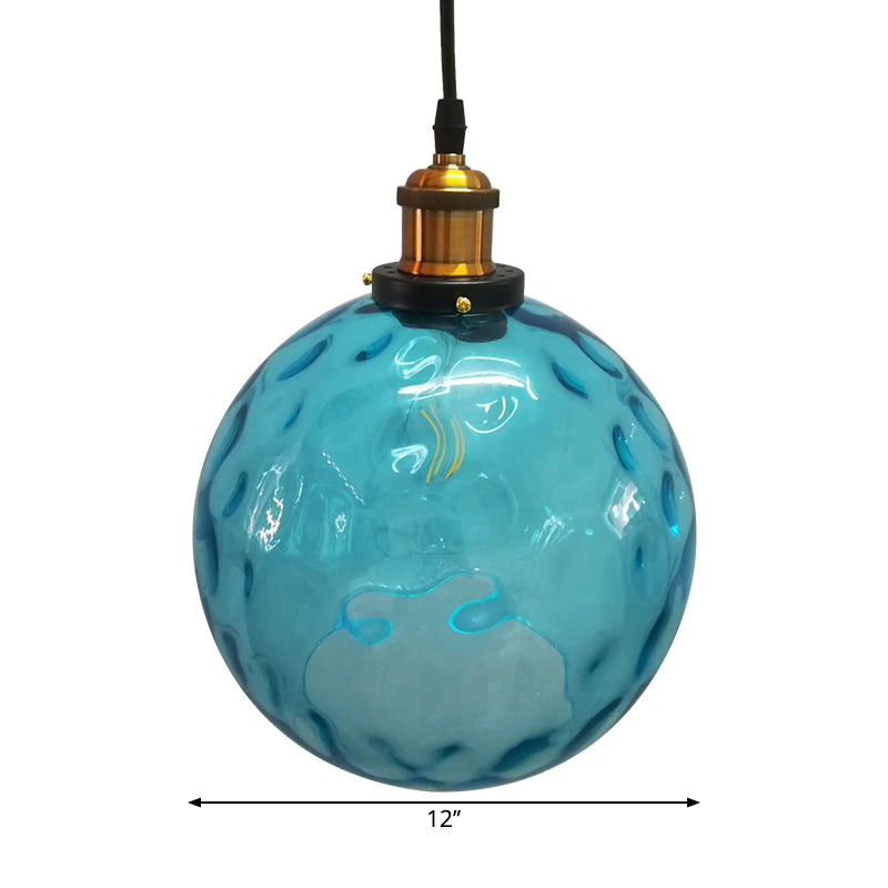 Industrial Globe Pendant Light - Blue Dimpled Glass Hanging Lamp (8"/10"/12" Wide)