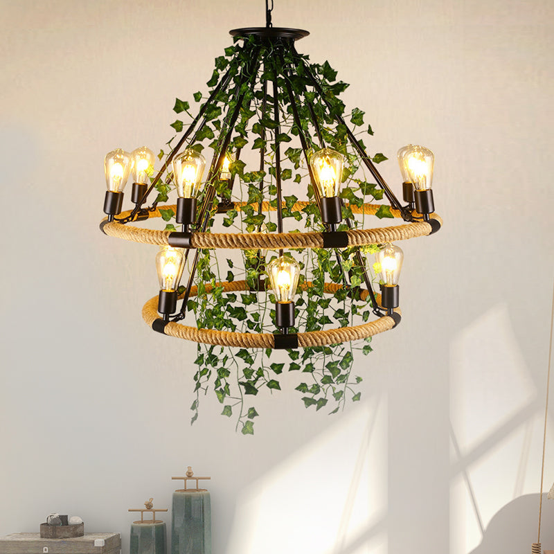 Green Circle Chandelier Lamp With Antique Manila Rope 6/8/14 Heads And Elegant Vine Deco Suspension