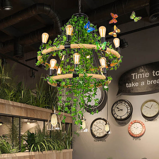 Green Circle Chandelier Lamp With Antique Manila Rope 6/8/14 Heads And Elegant Vine Deco Suspension