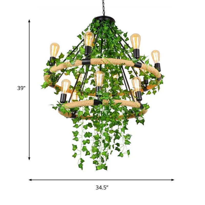 Green Circle Chandelier Lamp With Antique Manila Rope 6/8/14 Heads And Elegant Vine Deco Suspension