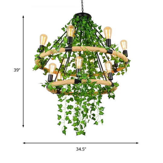 Green Circle Chandelier Lamp With Antique Manila Rope 6/8/14 Heads And Elegant Vine Deco Suspension