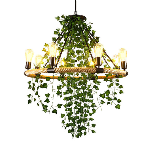 Green Circle Chandelier Lamp With Antique Manila Rope 6/8/14 Heads And Elegant Vine Deco Suspension