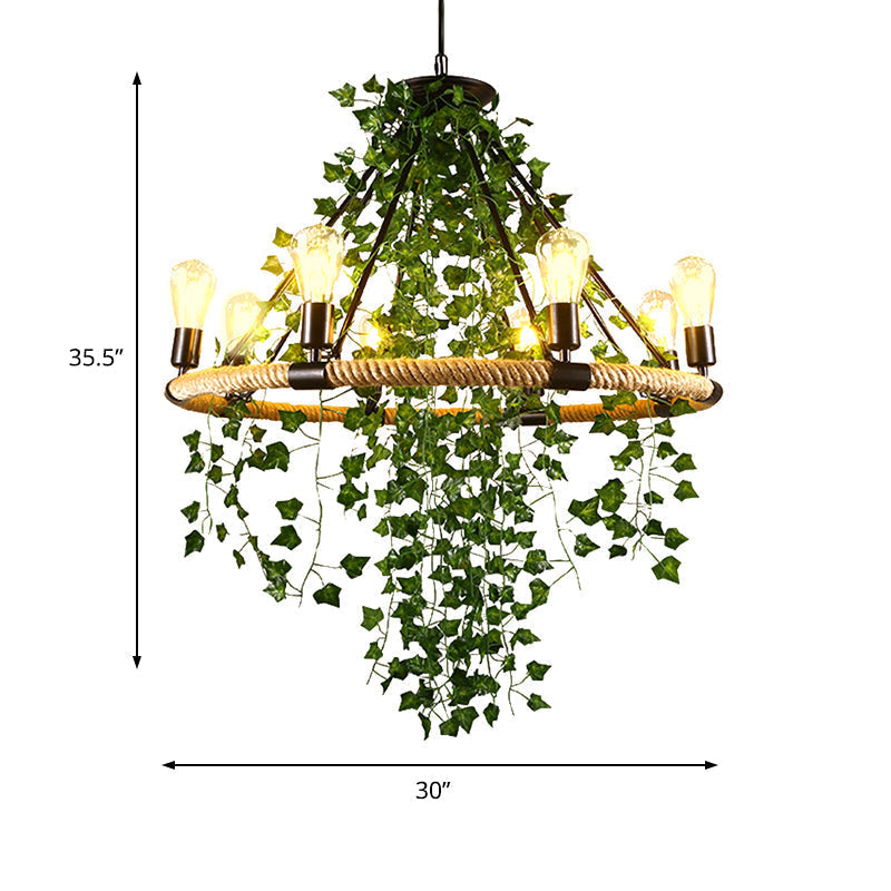 Green Circle Chandelier Lamp With Antique Manila Rope 6/8/14 Heads And Elegant Vine Deco Suspension