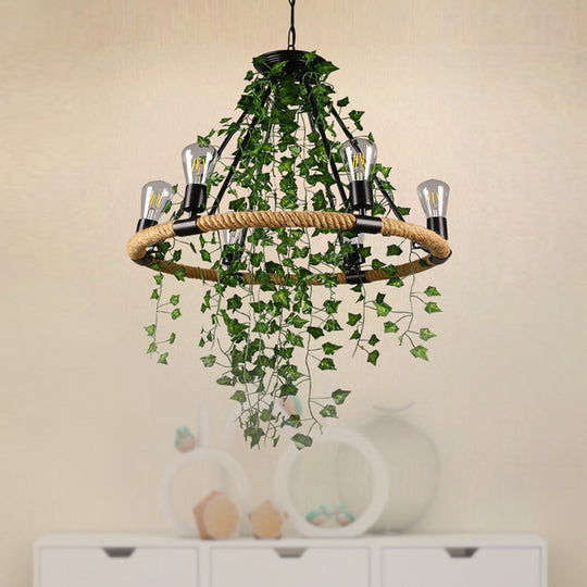 Green Circle Chandelier Lamp With Antique Manila Rope 6/8/14 Heads And Elegant Vine Deco Suspension