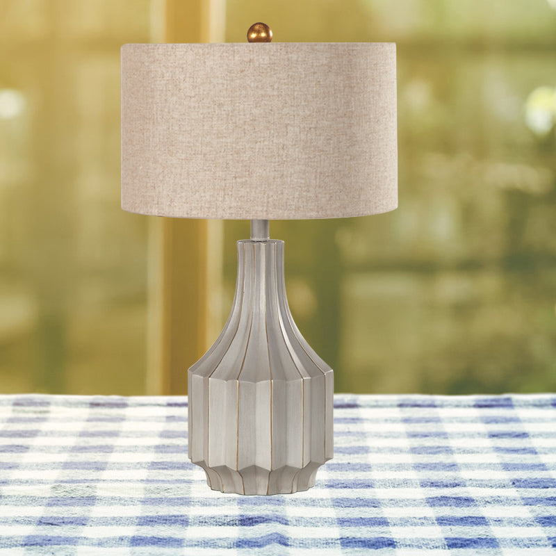 Countryside White/Beige Fabric Drum Table Lamp With 1-Light And Ridged Vase Base