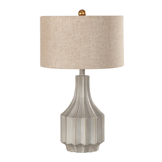 Countryside White/Beige Fabric Drum Table Lamp With 1-Light And Ridged Vase Base