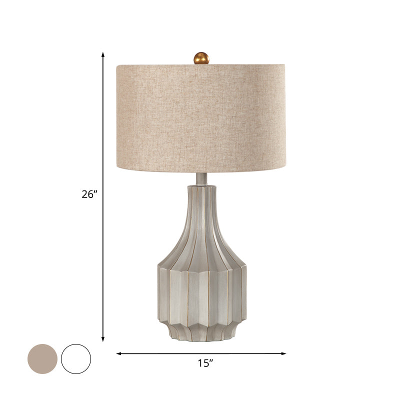 Countryside White/Beige Fabric Drum Table Lamp With 1-Light And Ridged Vase Base