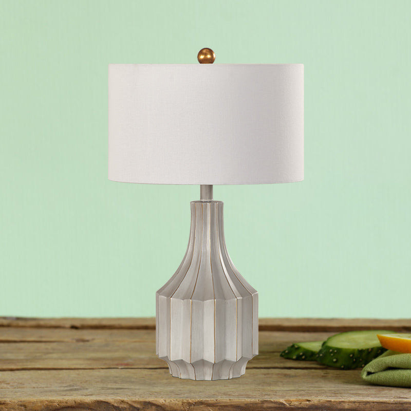 Countryside White/Beige Fabric Drum Table Lamp With 1-Light And Ridged Vase Base