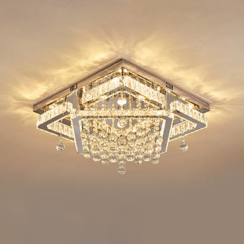 Square Crystal LED Ceiling Flush Mount Light, Warm/White Light, 18"/23.5" Width