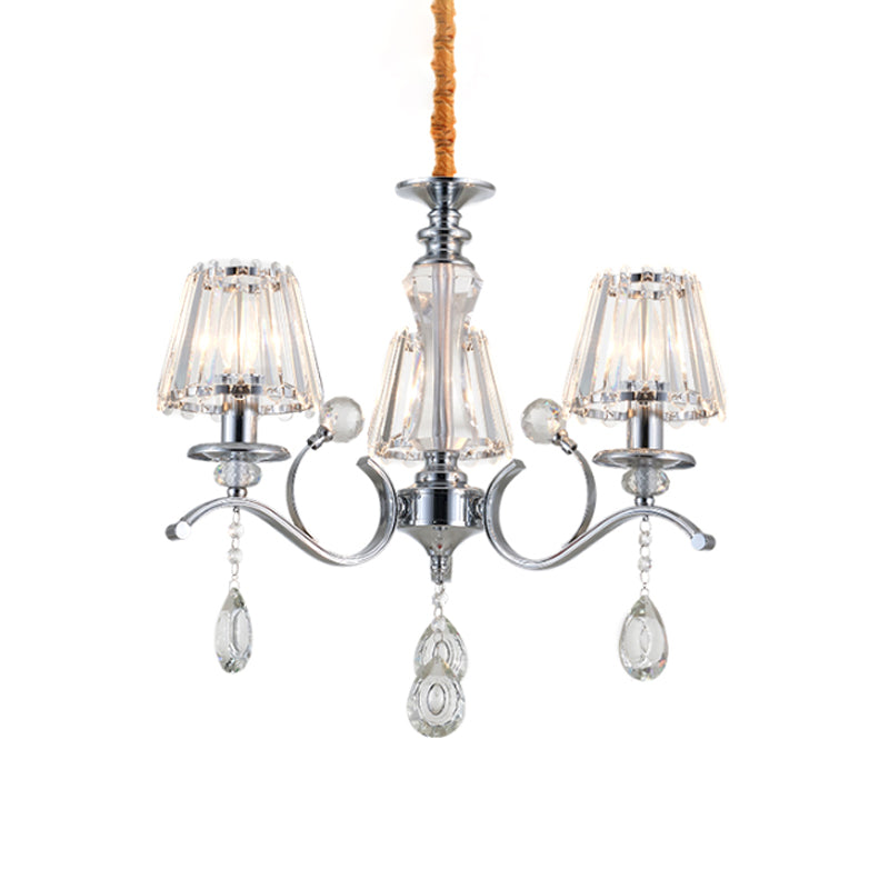 Conic Chrome Chandelier With Clear Crystal Droplets 3 Bulb Suspension Lighting