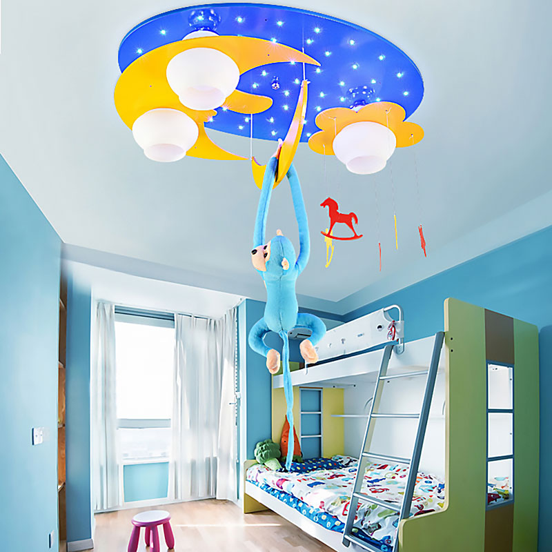 Decorative Metal Moon & Star Ceiling Light For Childs Bedroom With Hanging Monkey Blue