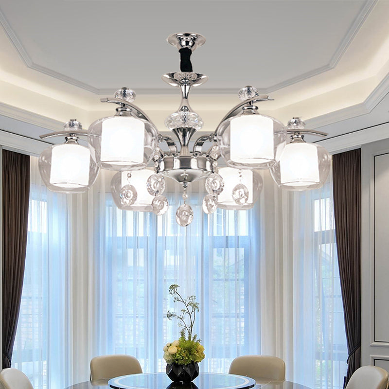 Chrome Chandelier Lamp With Crystal Strands - Clear Glass Global Down Lighting Simple Design 6-Light