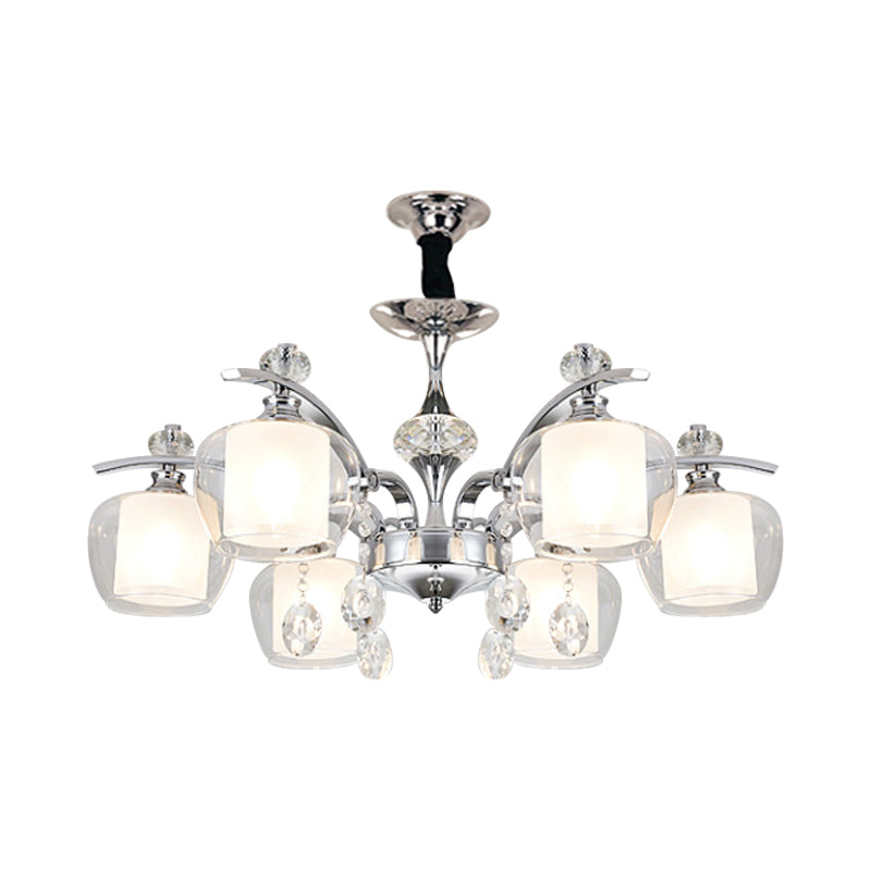 Chrome Chandelier Lamp With Crystal Strands - Clear Glass Global Down Lighting Simple Design 6-Light