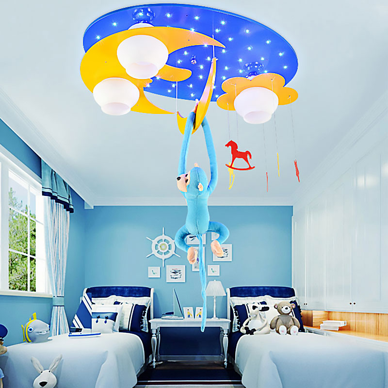 Decorative Metal Moon & Star Ceiling Light For Childs Bedroom With Hanging Monkey