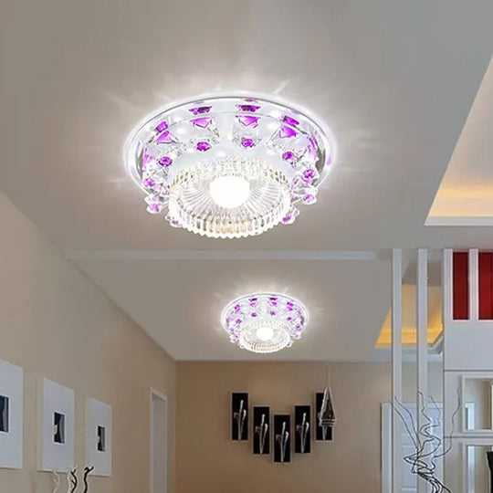 Minimalist Led Ceiling Light In Blue/Purple With Crystal Cubic Flush Mount & Clear Ribbed Glass